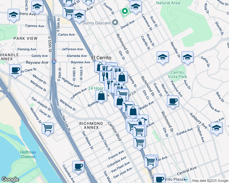 map of restaurants, bars, coffee shops, grocery stores, and more near 10680 San Pablo Avenue in El Cerrito