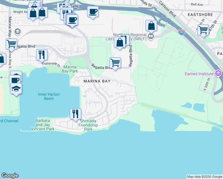 map of restaurants, bars, coffee shops, grocery stores, and more near 168 Marina Lakes Drive in Richmond