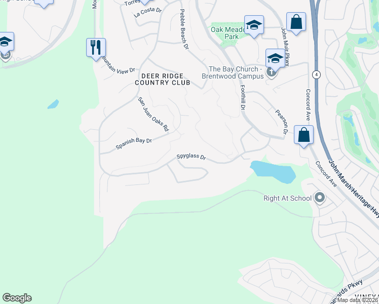 map of restaurants, bars, coffee shops, grocery stores, and more near 2445 Spyglass Drive in Brentwood