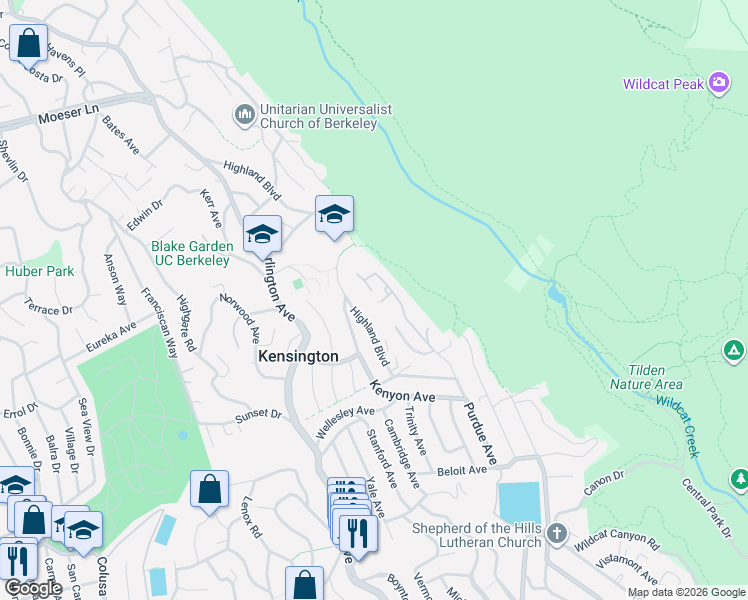 map of restaurants, bars, coffee shops, grocery stores, and more near 1 Dewey Road in Kensington