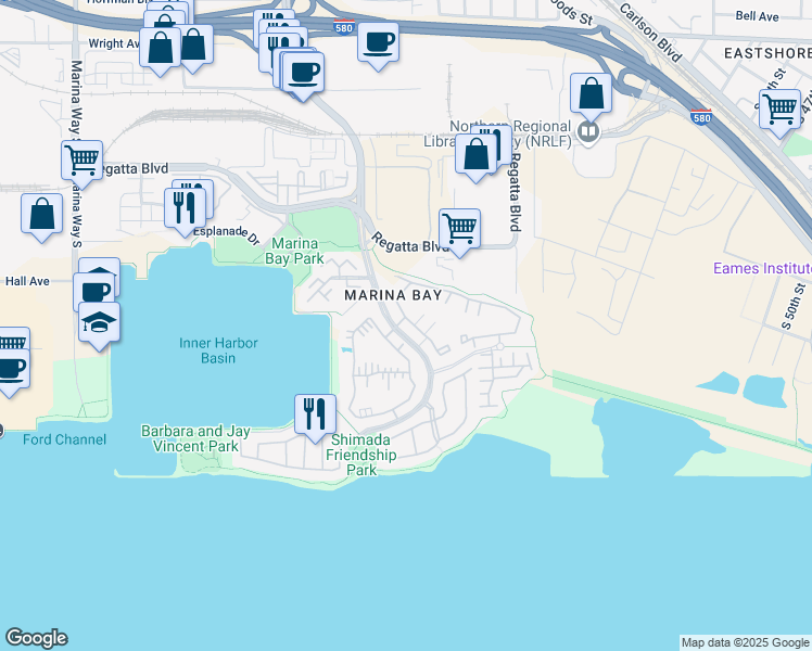 map of restaurants, bars, coffee shops, grocery stores, and more near 248 Marina Lakes Drive in Richmond