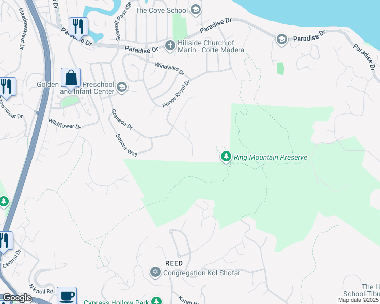map of restaurants, bars, coffee shops, grocery stores, and more near 138 Endeavor Drive in Corte Madera