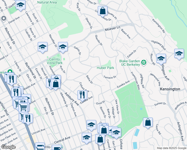map of restaurants, bars, coffee shops, grocery stores, and more near 7547 Leviston Avenue in El Cerrito