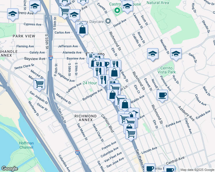 map of restaurants, bars, coffee shops, grocery stores, and more near 10680 San Pablo Avenue in El Cerrito