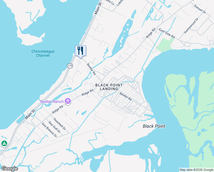 map of restaurants, bars, coffee shops, grocery stores, and more near Beebe Rd in Chincoteague Island