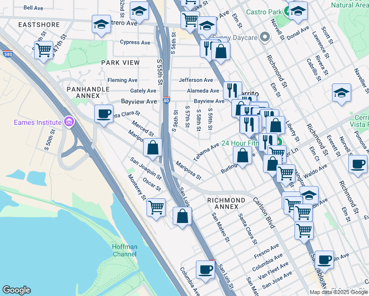 map of restaurants, bars, coffee shops, grocery stores, and more near 1535 Santa Clara Street in Richmond