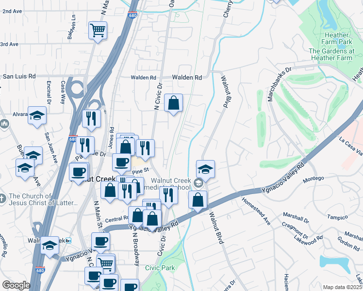 map of restaurants, bars, coffee shops, grocery stores, and more near 2310 Westcliffe Lane in Walnut Creek