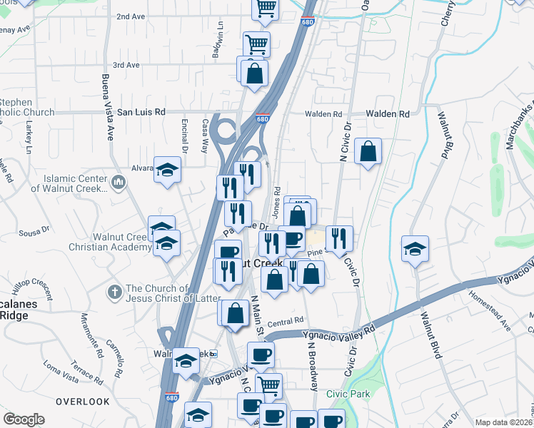 map of restaurants, bars, coffee shops, grocery stores, and more near 1432-1472 Lawrence Way in Walnut Creek