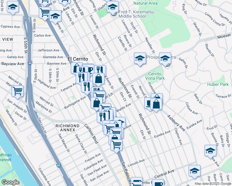 map of restaurants, bars, coffee shops, grocery stores, and more near 950 Liberty Street in El Cerrito