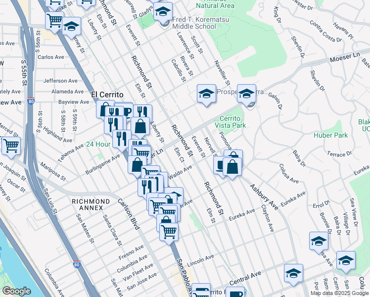 map of restaurants, bars, coffee shops, grocery stores, and more near 933 Richmond Street in El Cerrito