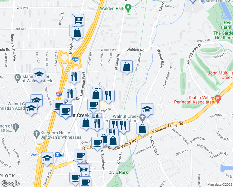 map of restaurants, bars, coffee shops, grocery stores, and more near 350 North Civic Drive in Walnut Creek