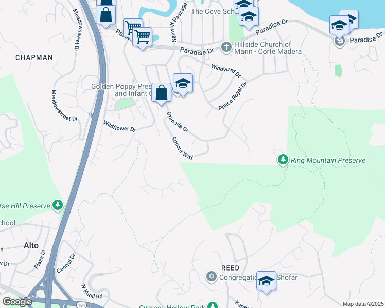 map of restaurants, bars, coffee shops, grocery stores, and more near 62 Sonora Way in Corte Madera