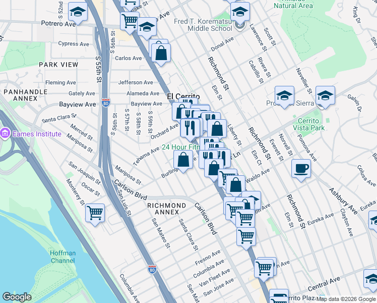 map of restaurants, bars, coffee shops, grocery stores, and more near 1670 San Benito Street in Richmond