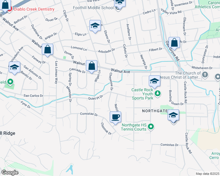 map of restaurants, bars, coffee shops, grocery stores, and more near 817 Cheyenne Drive in Walnut Creek