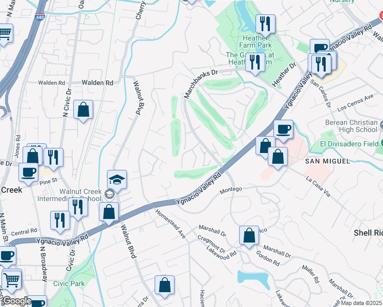 map of restaurants, bars, coffee shops, grocery stores, and more near 243 Masters Court in Walnut Creek
