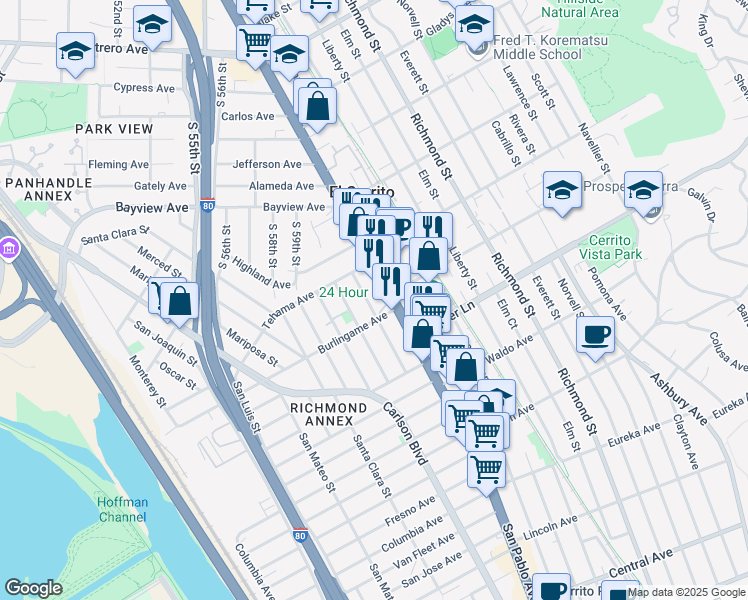 map of restaurants, bars, coffee shops, grocery stores, and more near 1662 San Benito Street in Richmond