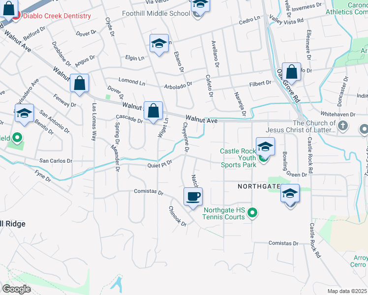 map of restaurants, bars, coffee shops, grocery stores, and more near 817 Cheyenne Drive in Walnut Creek