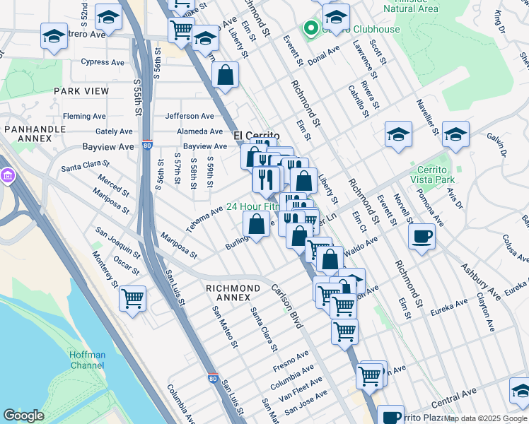 map of restaurants, bars, coffee shops, grocery stores, and more near 1662 San Benito Street in Richmond