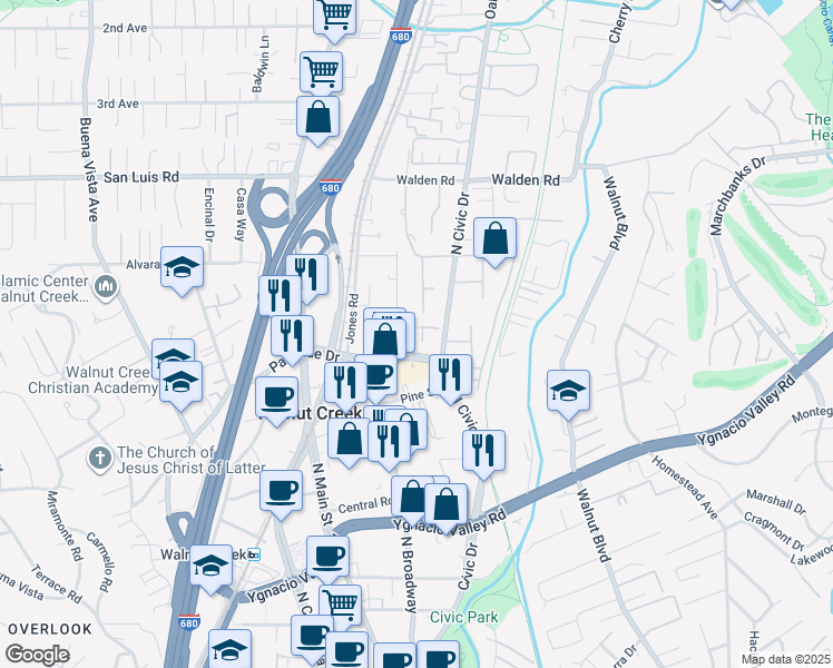 map of restaurants, bars, coffee shops, grocery stores, and more near 615 Preakness Drive in Walnut Creek