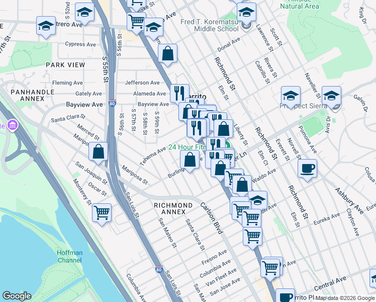 map of restaurants, bars, coffee shops, grocery stores, and more near 1636 Mendocino Street in Richmond