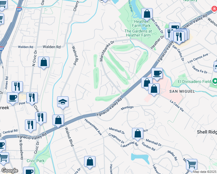 map of restaurants, bars, coffee shops, grocery stores, and more near in Walnut Creek