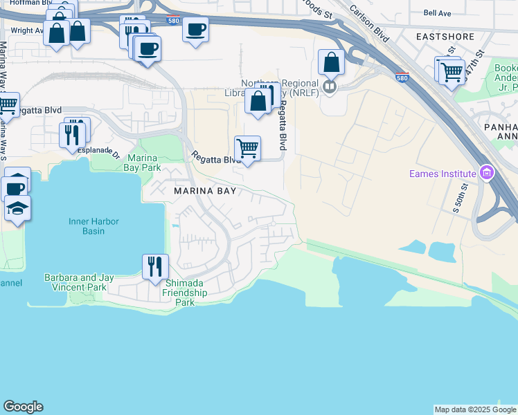 map of restaurants, bars, coffee shops, grocery stores, and more near 89 Bayside Court in Richmond