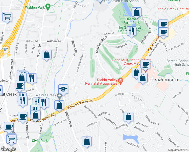 map of restaurants, bars, coffee shops, grocery stores, and more near 390 Endicott Court in Walnut Creek