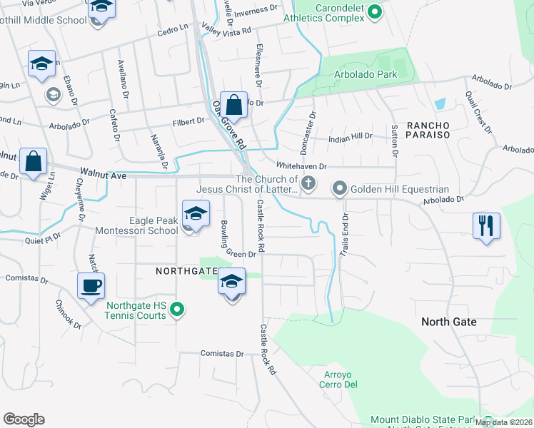 map of restaurants, bars, coffee shops, grocery stores, and more near 86 Castle Rock Court in Walnut Creek