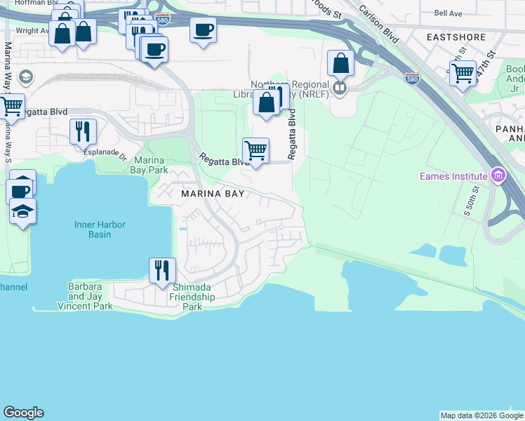 map of restaurants, bars, coffee shops, grocery stores, and more near 96 Bayside Court in Richmond