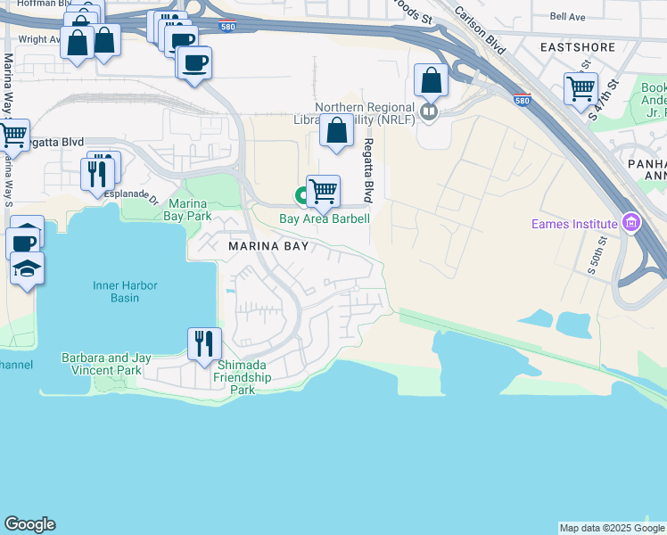 map of restaurants, bars, coffee shops, grocery stores, and more near 94 Bayside Court in Richmond