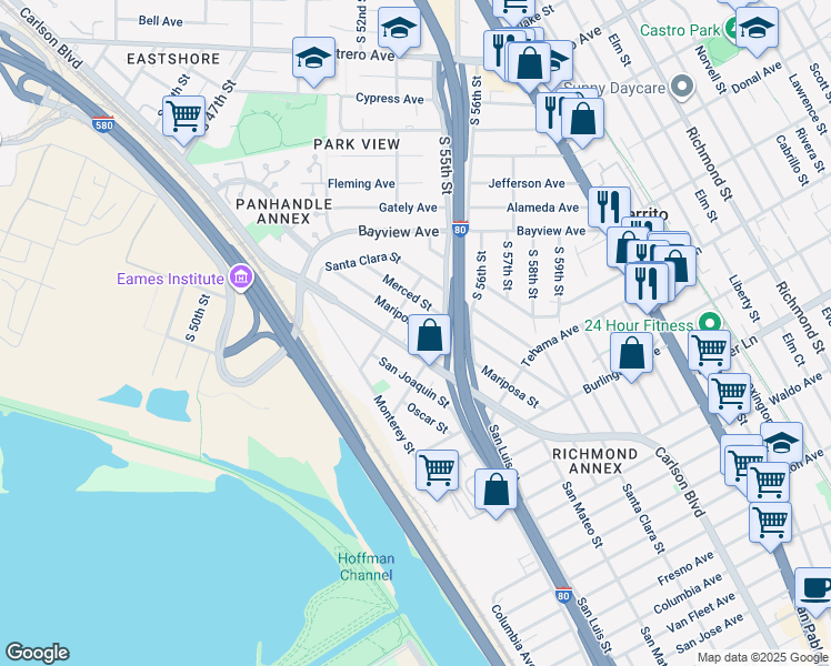 map of restaurants, bars, coffee shops, grocery stores, and more near 1445 Mariposa Street in Richmond