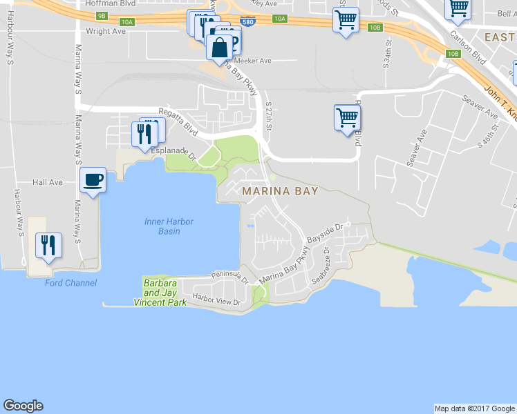 map of restaurants, bars, coffee shops, grocery stores, and more near 181 Shoreline Court in Richmond