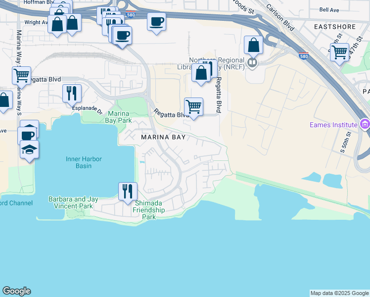 map of restaurants, bars, coffee shops, grocery stores, and more near 176 Marina Lakes Drive in Richmond