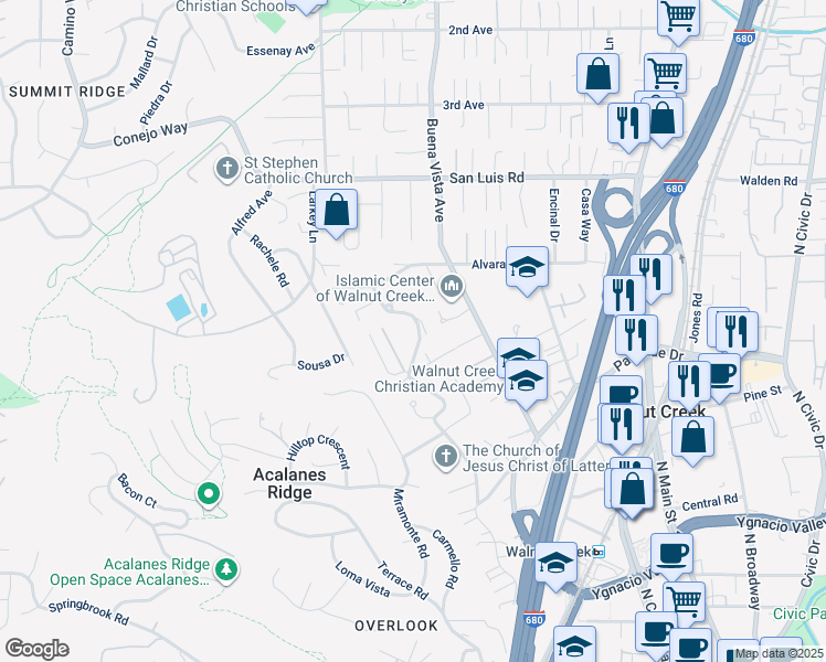 map of restaurants, bars, coffee shops, grocery stores, and more near 2551 Overlook Drive in Walnut Creek
