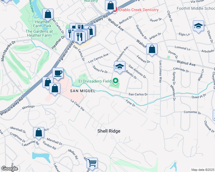 map of restaurants, bars, coffee shops, grocery stores, and more near 212 El Divisadero Avenue in Walnut Creek