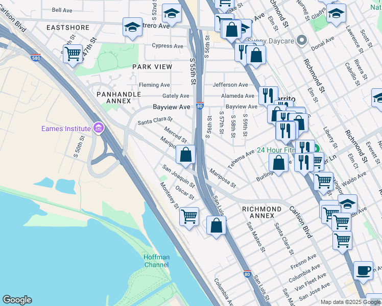 map of restaurants, bars, coffee shops, grocery stores, and more near 1425 South 55th Street in Richmond