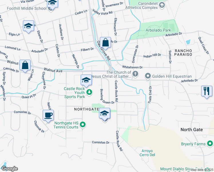 map of restaurants, bars, coffee shops, grocery stores, and more near 843 Stonehaven Drive in Walnut Creek