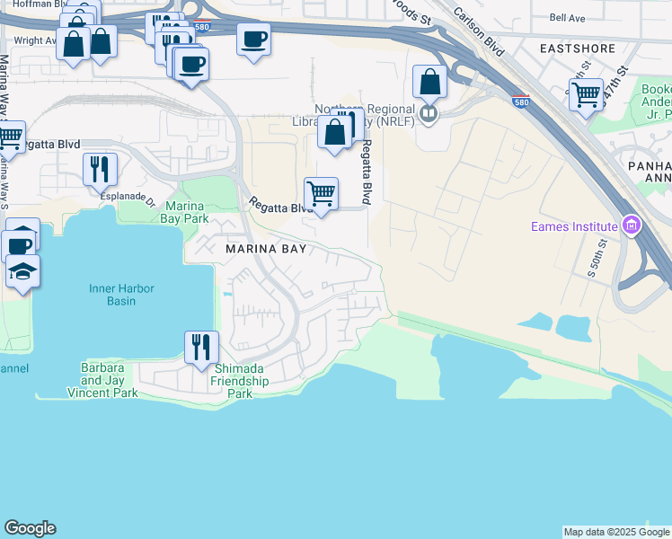 map of restaurants, bars, coffee shops, grocery stores, and more near 89 Bayside Court in Richmond