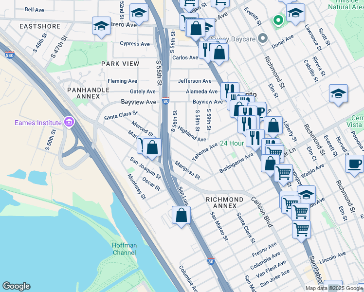 map of restaurants, bars, coffee shops, grocery stores, and more near 1535 Santa Clara Street in Richmond