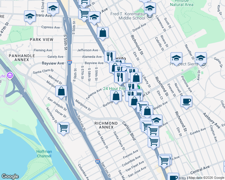 map of restaurants, bars, coffee shops, grocery stores, and more near 1636 Mendocino Street in Richmond