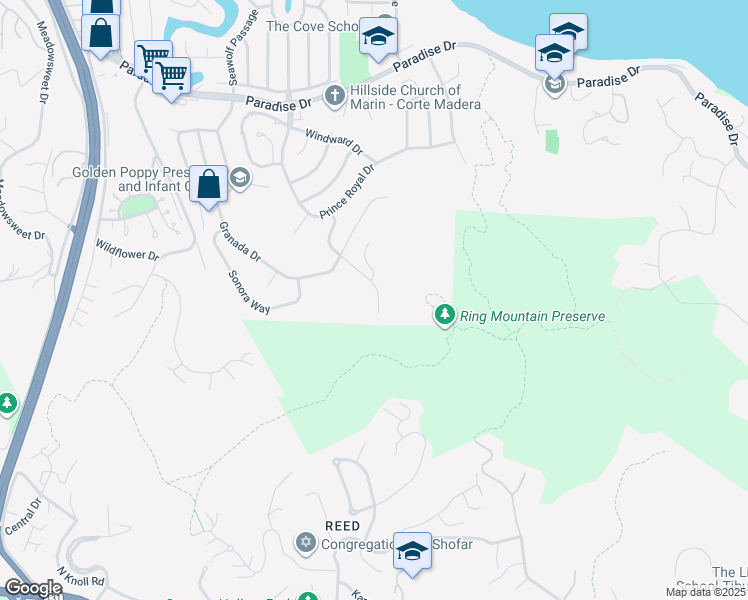 map of restaurants, bars, coffee shops, grocery stores, and more near 138 Endeavor Drive in Corte Madera