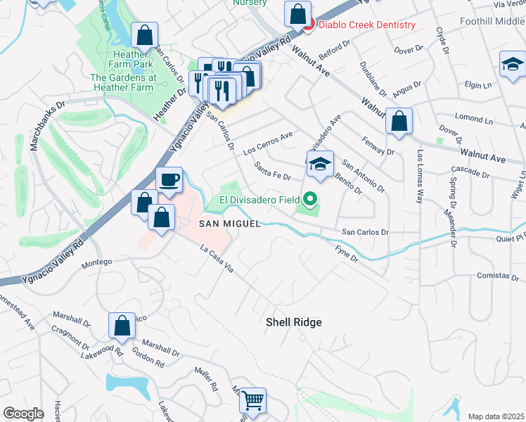map of restaurants, bars, coffee shops, grocery stores, and more near 10 San Ardo Court in Walnut Creek