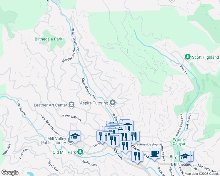 map of restaurants, bars, coffee shops, grocery stores, and more near 101 Eldridge Ave in Mill Valley