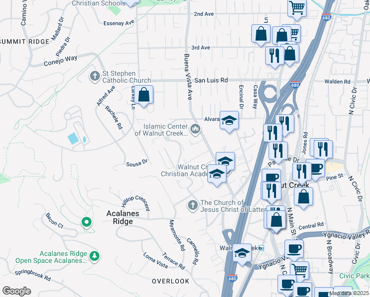 map of restaurants, bars, coffee shops, grocery stores, and more near 2551 Overlook Drive in Walnut Creek