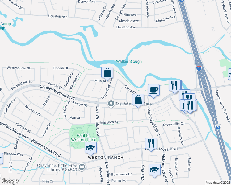 map of restaurants, bars, coffee shops, grocery stores, and more near 3332 Buttrick Lane in Stockton