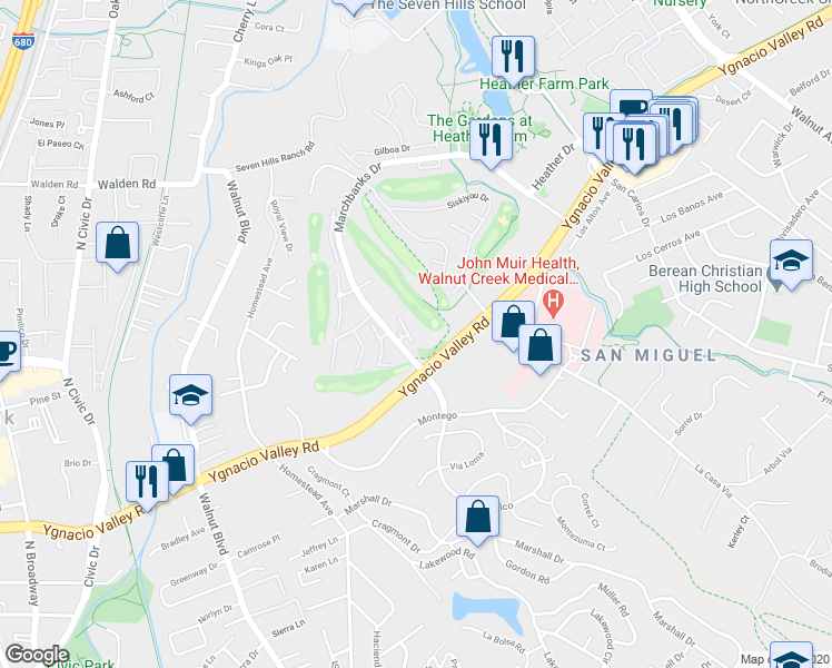 map of restaurants, bars, coffee shops, grocery stores, and more near 1401 Marchbanks Drive in Walnut Creek