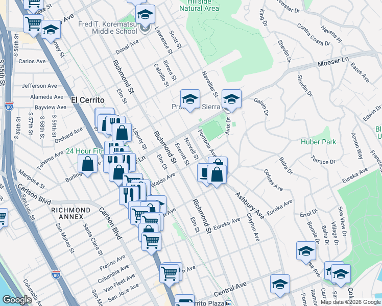 map of restaurants, bars, coffee shops, grocery stores, and more near 933 Everett Street in El Cerrito
