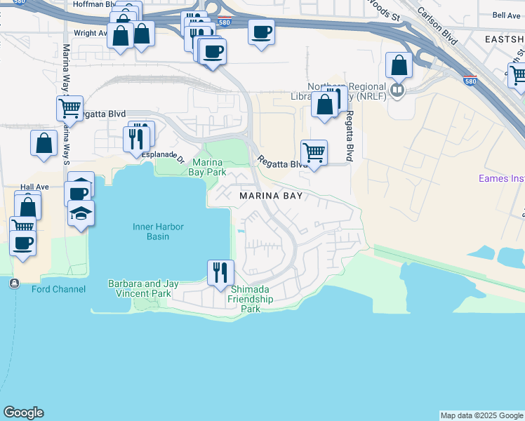 map of restaurants, bars, coffee shops, grocery stores, and more near 191 Shoreline Court in Richmond