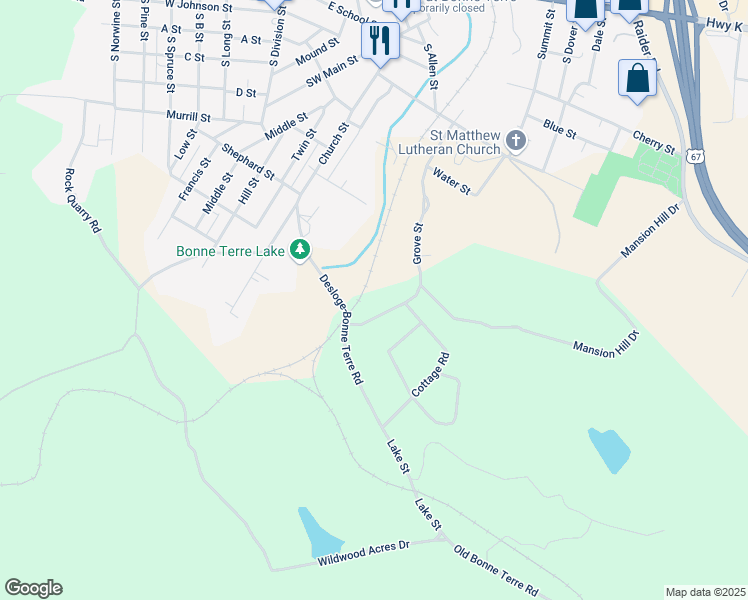 map of restaurants, bars, coffee shops, grocery stores, and more near 902 Grove Street in Bonne Terre