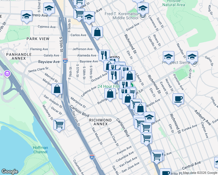 map of restaurants, bars, coffee shops, grocery stores, and more near 1643 San Benito Street in Richmond